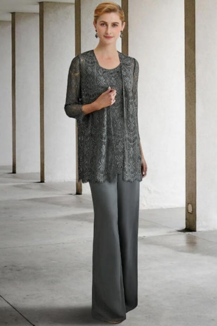 Traje pantalón de 3 piezas, vestido para la madre de la novia, talla grande con encaje