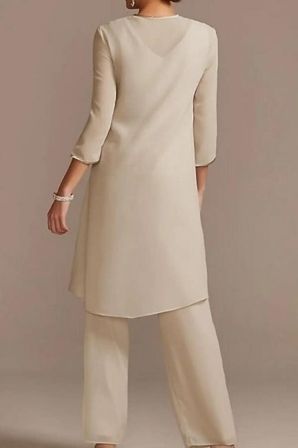Tailleur-pantalon, robe de mère de la mariée, longueur au sol, mousseline et dentelle, manches 3/4