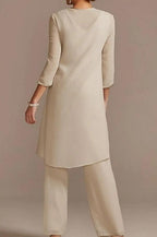Tailleur-pantalon, robe de mère de la mariée, longueur au sol, mousseline et dentelle, manches 3/4