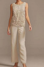 Tailleur-pantalon, robe de mère de la mariée, longueur au sol, mousseline et dentelle, manches 3/4