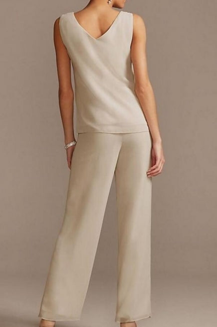 Tailleur-pantalon, robe de mère de la mariée, longueur au sol, mousseline et dentelle, manches 3/4