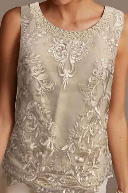 Tailleur-pantalon, robe de mère de la mariée, longueur au sol, mousseline et dentelle, manches 3/4