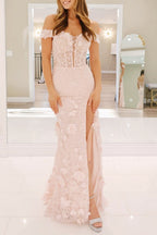 Paradis | Robe de bal longue en dentelle florale à épaules dénudées et fente