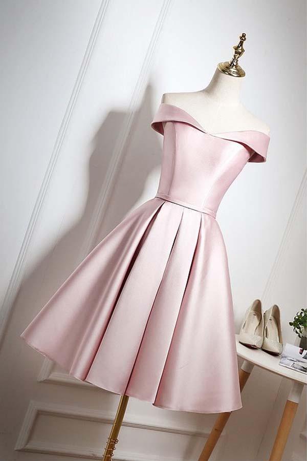 Vestido rosa perla de fiesta/regreso a casa hasta la rodilla con hombros descubiertos y volantes PD044