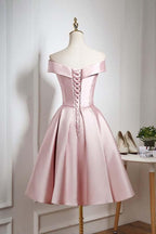 Vestido rosa perla de fiesta/regreso a casa hasta la rodilla con hombros descubiertos y volantes PD044