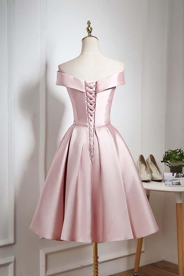 Vestido rosa perla de fiesta/regreso a casa hasta la rodilla con hombros descubiertos y volantes PD044