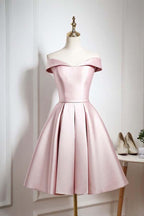 Vestido rosa perla de fiesta/regreso a casa hasta la rodilla con hombros descubiertos y volantes PD044