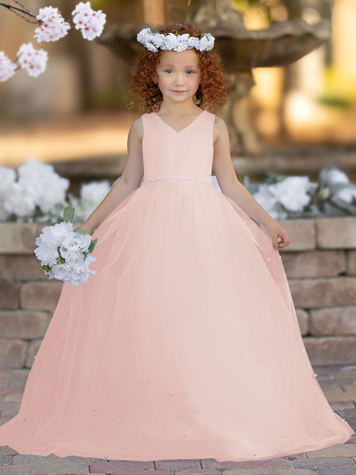 Elegante vestido de princesa de satén y tul para niña de las flores 