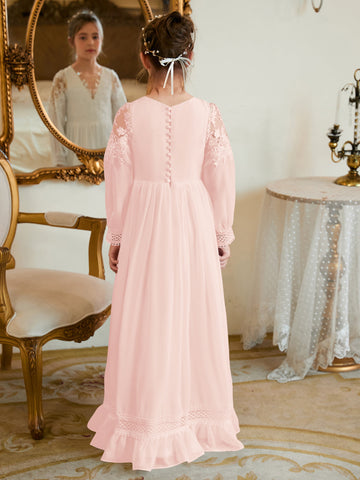 Vestido de Primera Comunión color marfil, corte en A, de gasa hasta el suelo 