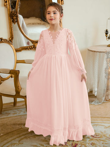 Vestido de Primera Comunión color marfil, corte en A, de gasa hasta el suelo 