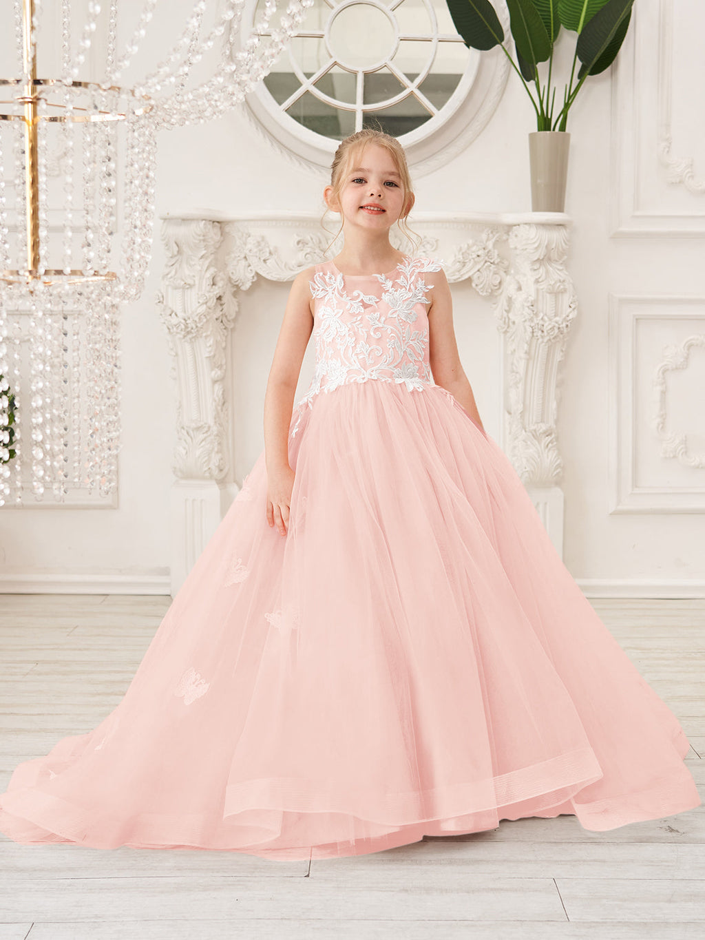 Elegante vestido de princesa sin mangas de tul para niña de las flores, corte en A 