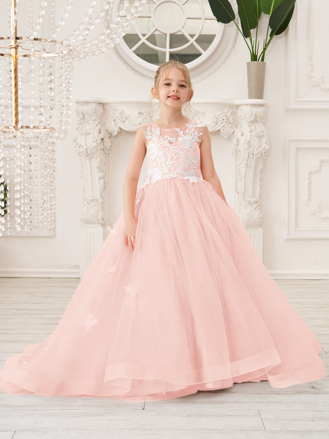Elegante vestido de princesa sin mangas de tul para niña de las flores, corte en A 