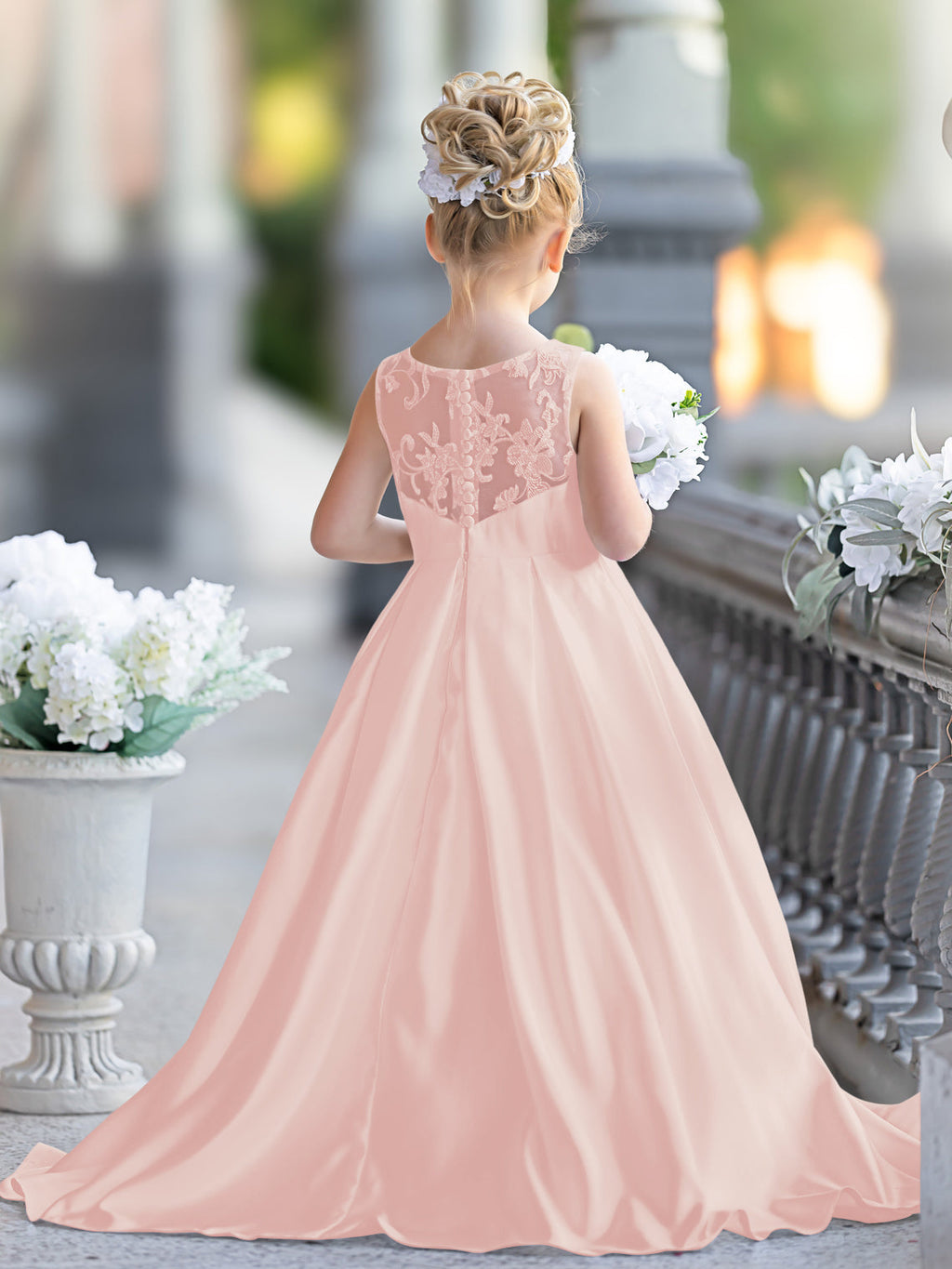 Vestido de niña de las flores para la Primera Comunión, corte en A, encaje y satén, hasta el suelo 