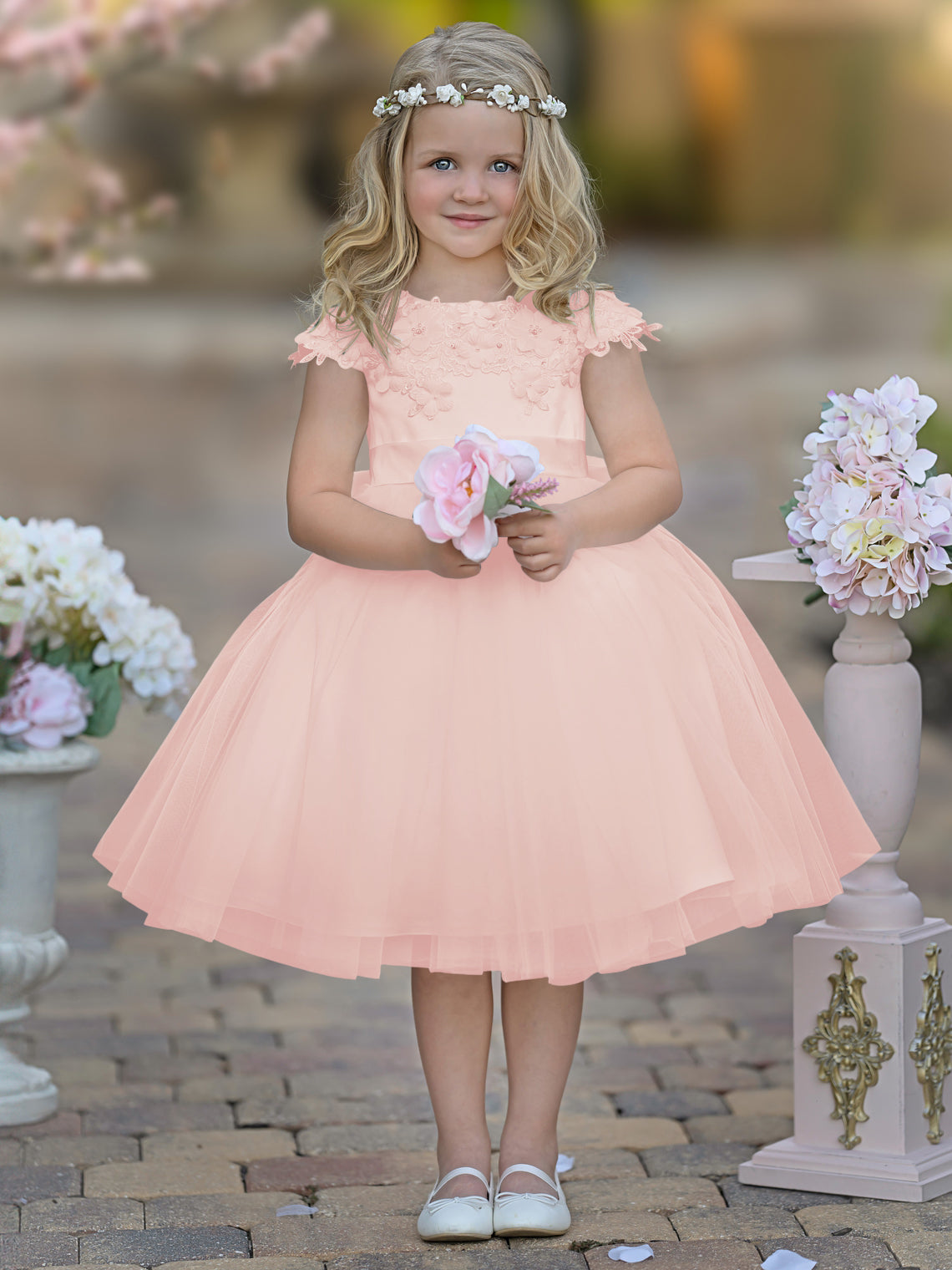 Vestido de niña de las flores de la Primera Comunión, color marfil, de tul satinado hasta la rodilla 