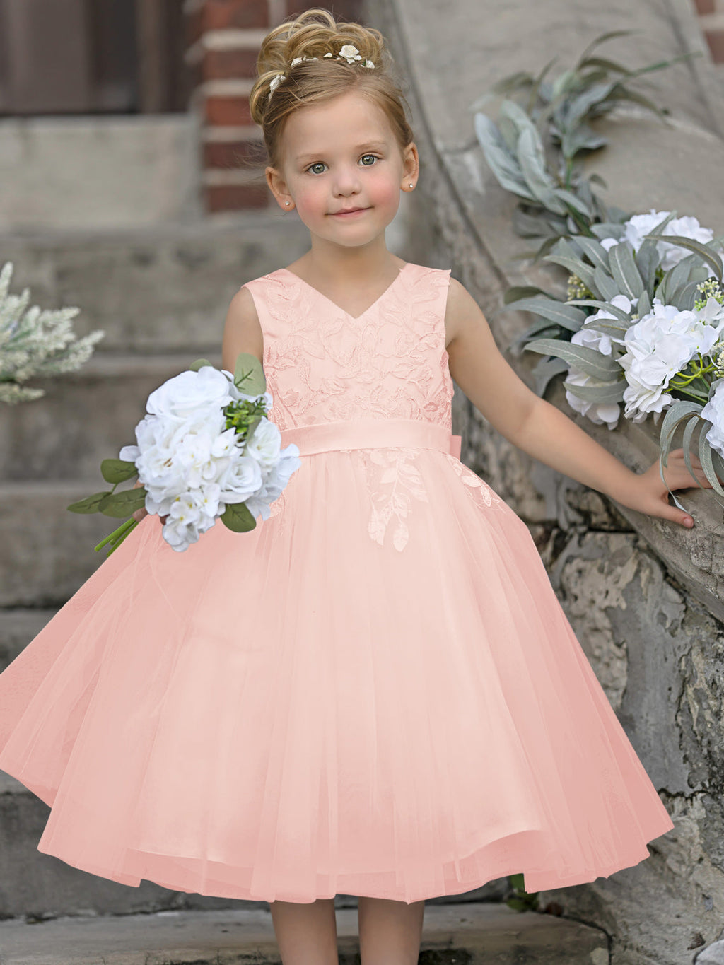Vestido de niña de las flores sin mangas de tul y encaje hasta la rodilla 
