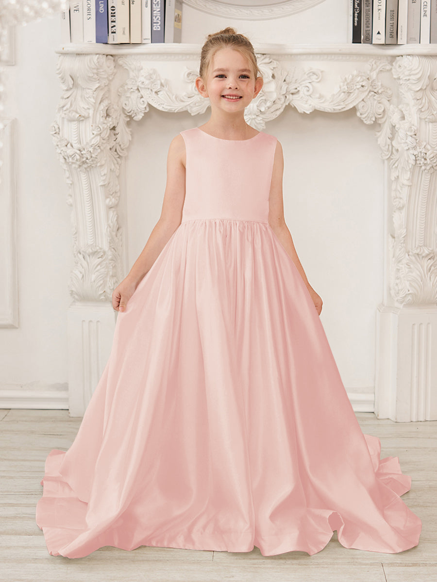 Vestido de niña de las flores de satén sin mangas, corte princesa, con cola y lazo. 