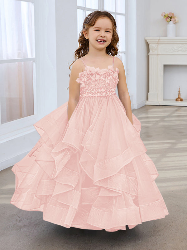 Vestido de niña de las flores de tul sin mangas, corte princesa, azul pizarra, corte en A, estilo princesa 