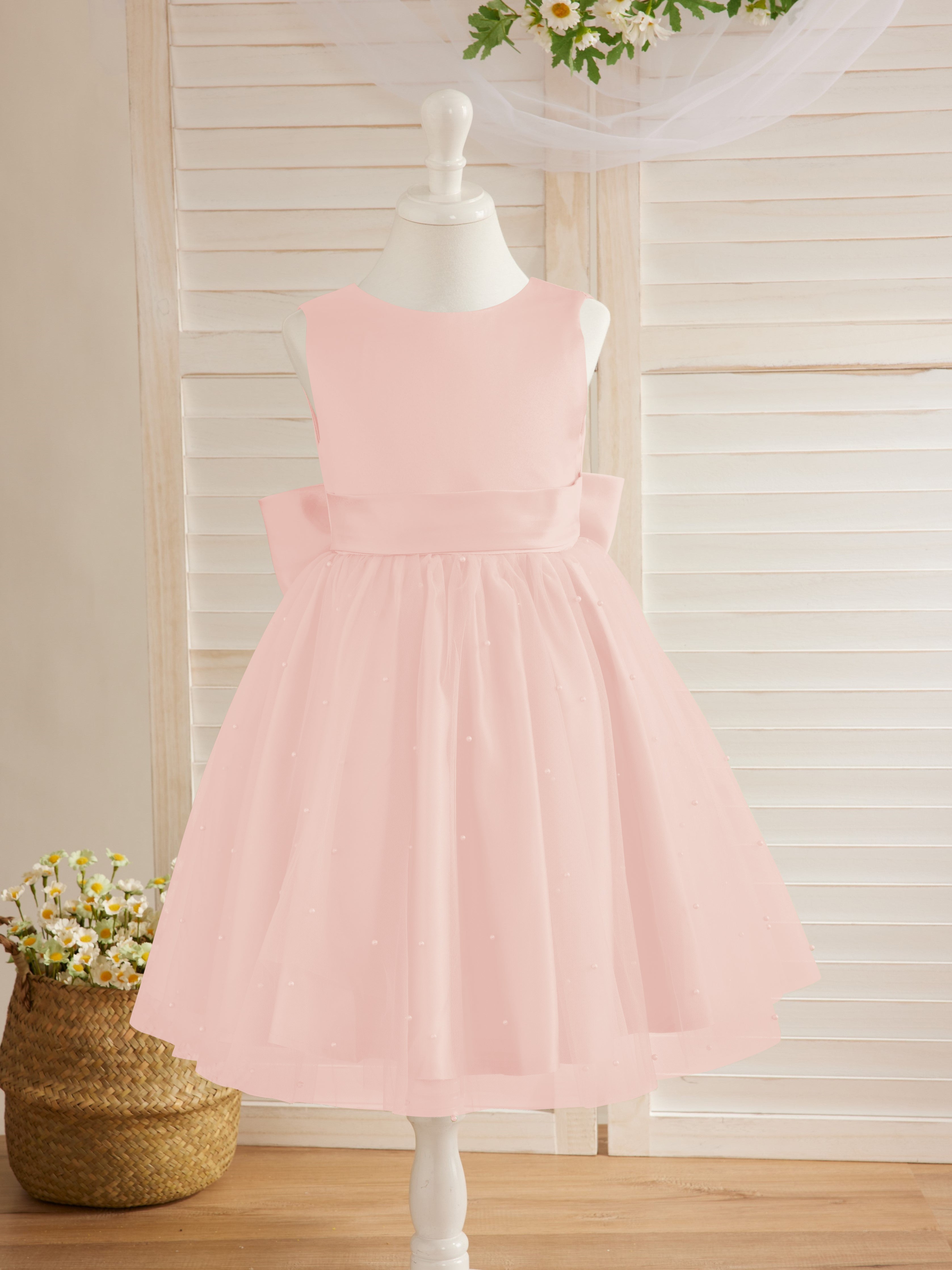 Vestido de princesa/vestido de princesa de satén y tul hasta la rodilla para niña de las flores 