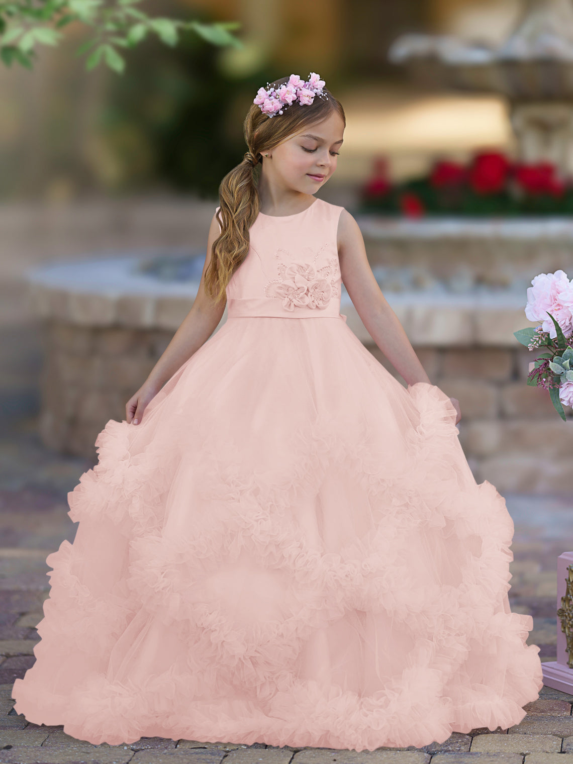 Vestido de niña de las flores de corte A, de satén y tul, hasta el suelo, con volantes en cascada. 