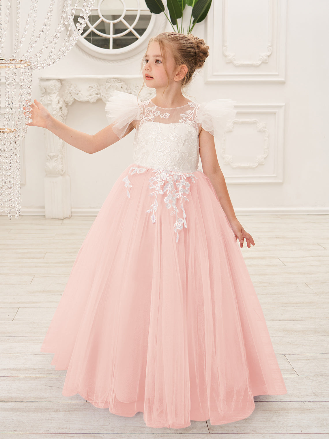 Vestido de niña de las flores con cola de tul y encaje desmontable