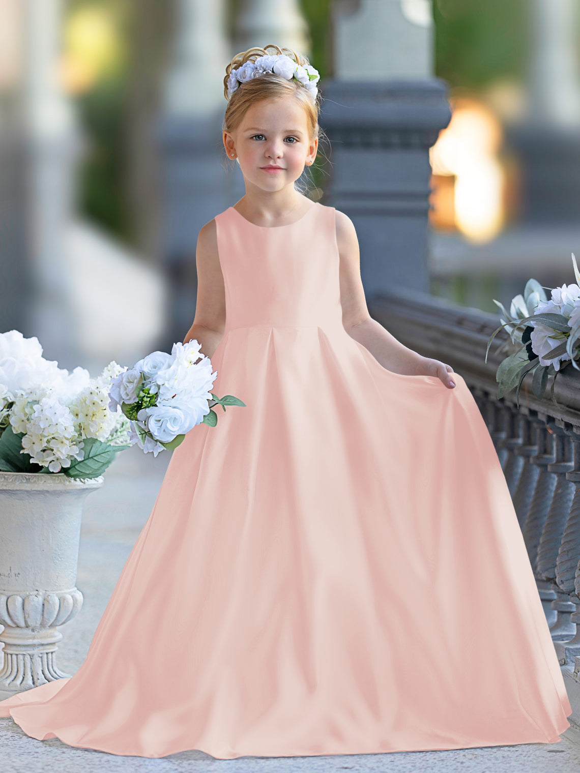 Vestido de niña de las flores para la Primera Comunión, corte en A, encaje y satén, hasta el suelo 