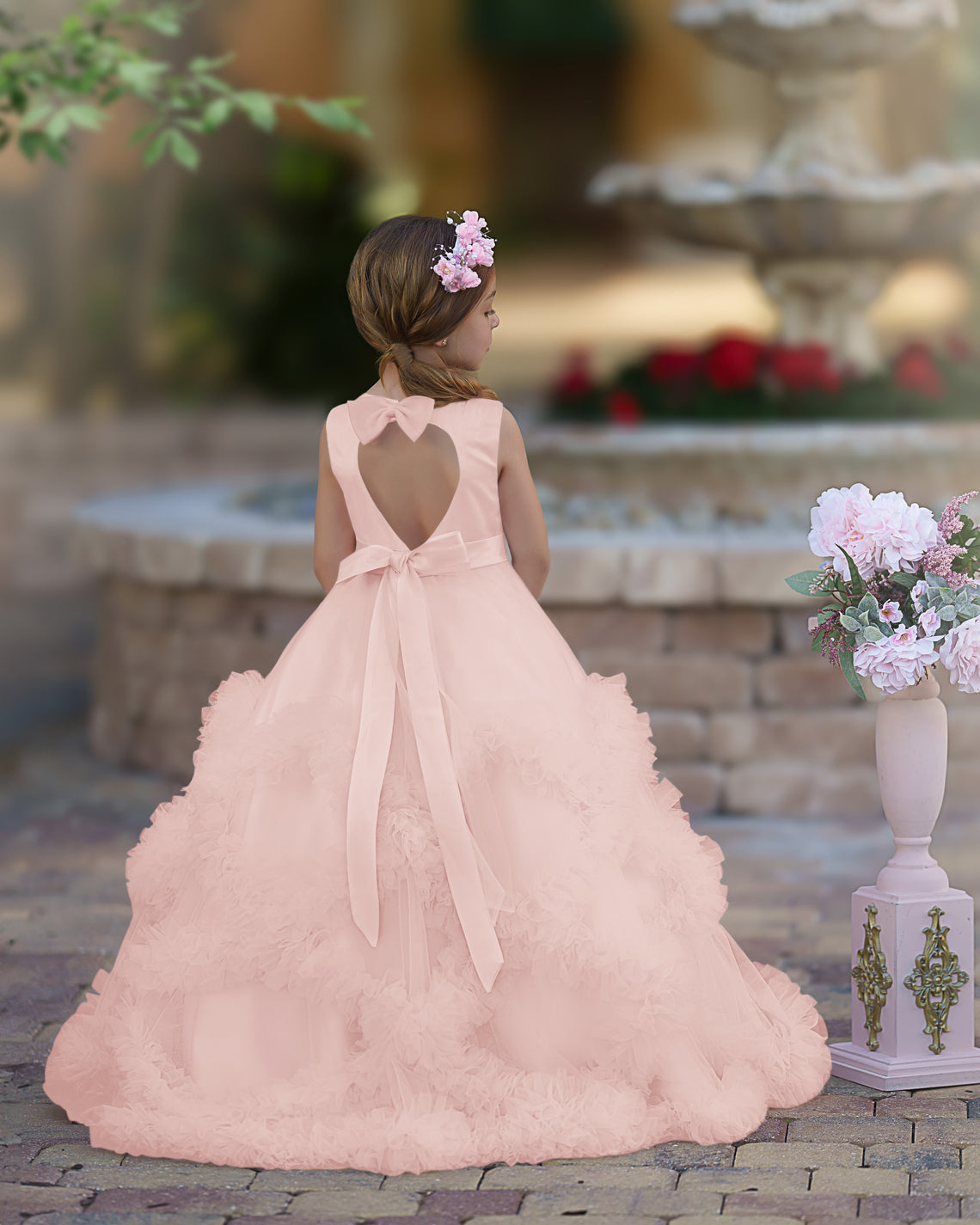 Vestido de niña de las flores de corte A, de satén y tul, hasta el suelo, con volantes en cascada. 