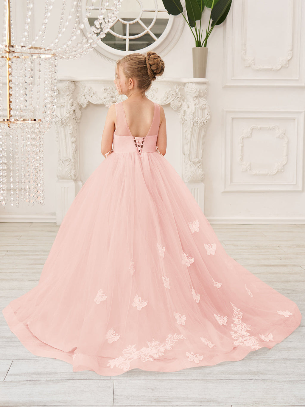 Elegante vestido de princesa sin mangas de tul para niña de las flores, corte en A 