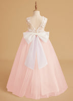 Vestido de niña de las flores sin mangas de encaje y tul con cuentas, estilo princesa de ensueño 