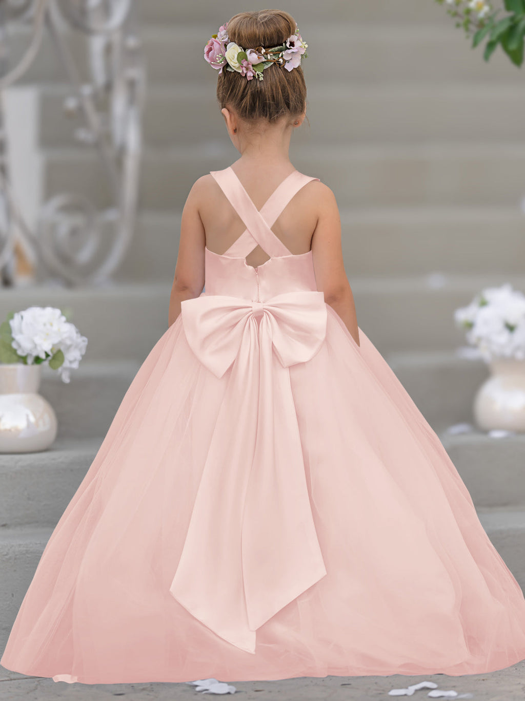 Robe de demoiselle d'honneur intemporelle en satin et tulle, coupe trapèze, sans manches 