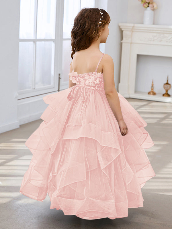 Vestido de niña de las flores de tul sin mangas, corte princesa, azul pizarra, corte en A, estilo princesa 