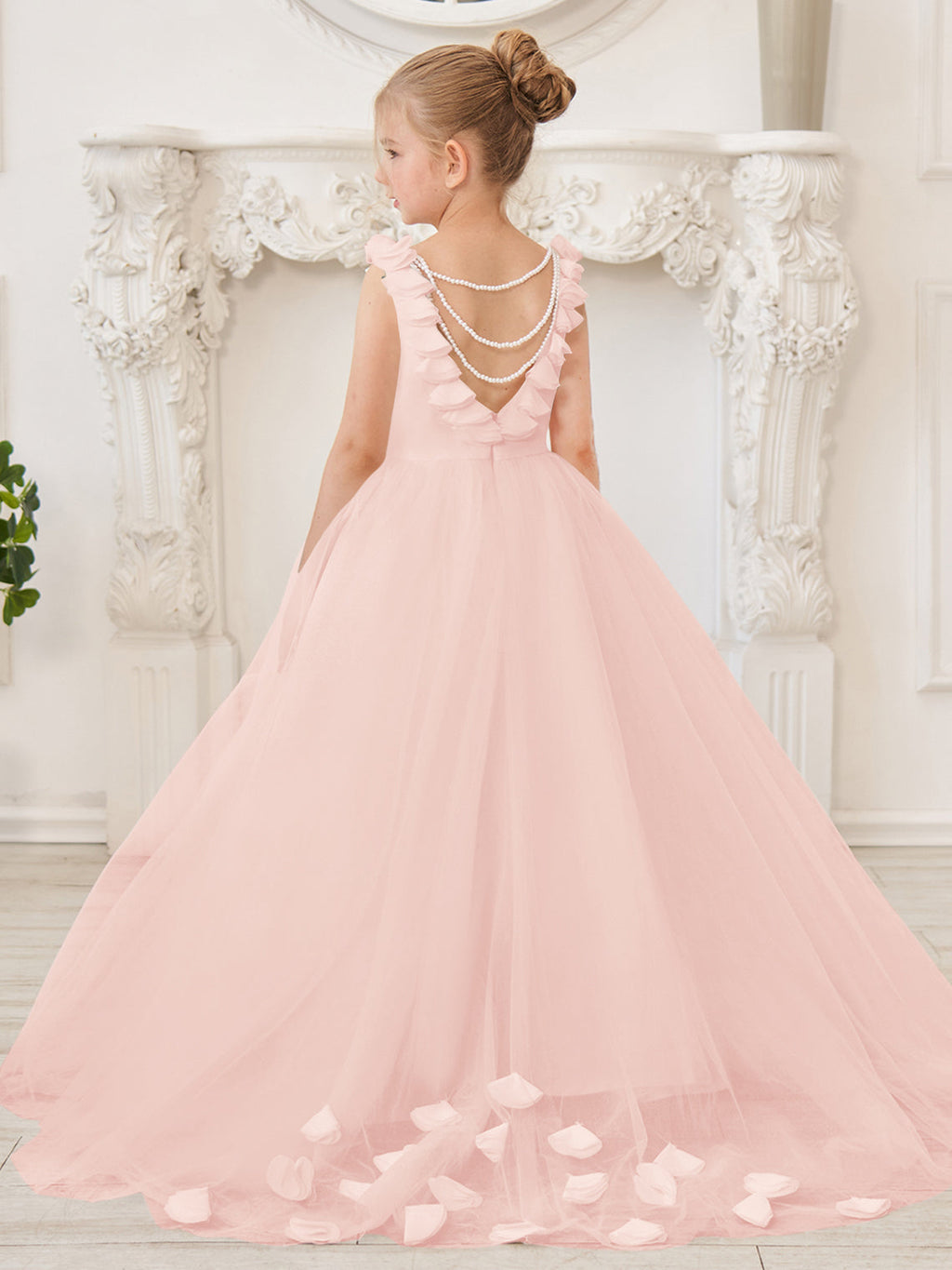 Elegante vestido blanco de tul para niña de las flores con cola corta 