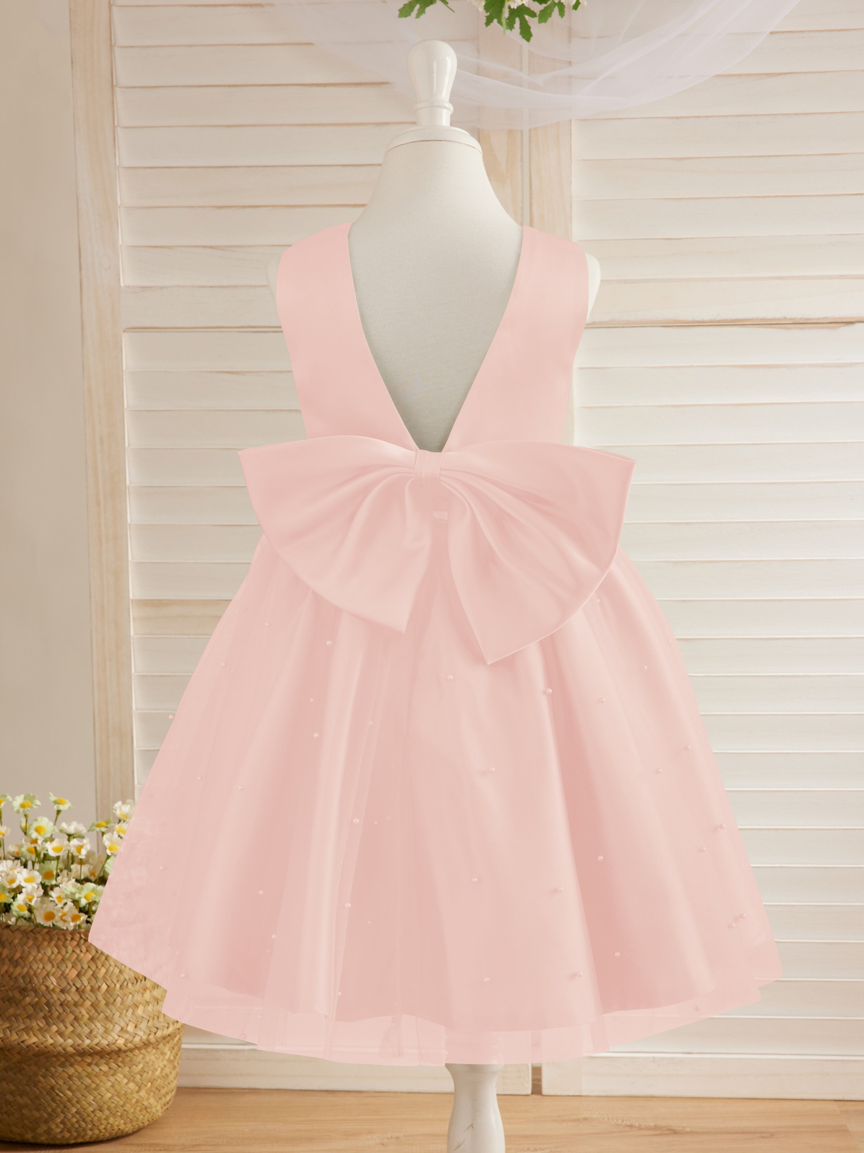 Vestido de princesa/vestido de princesa de satén y tul hasta la rodilla para niña de las flores 