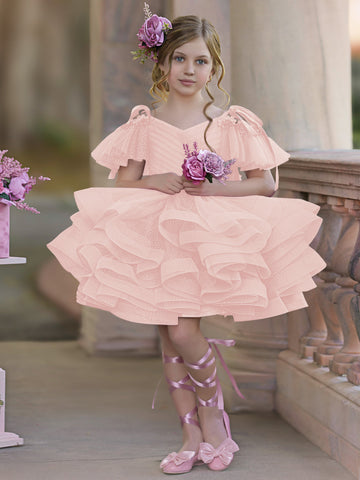 Vestido de princesa/vestido de tul hasta la rodilla para niña de las flores de cumpleaños