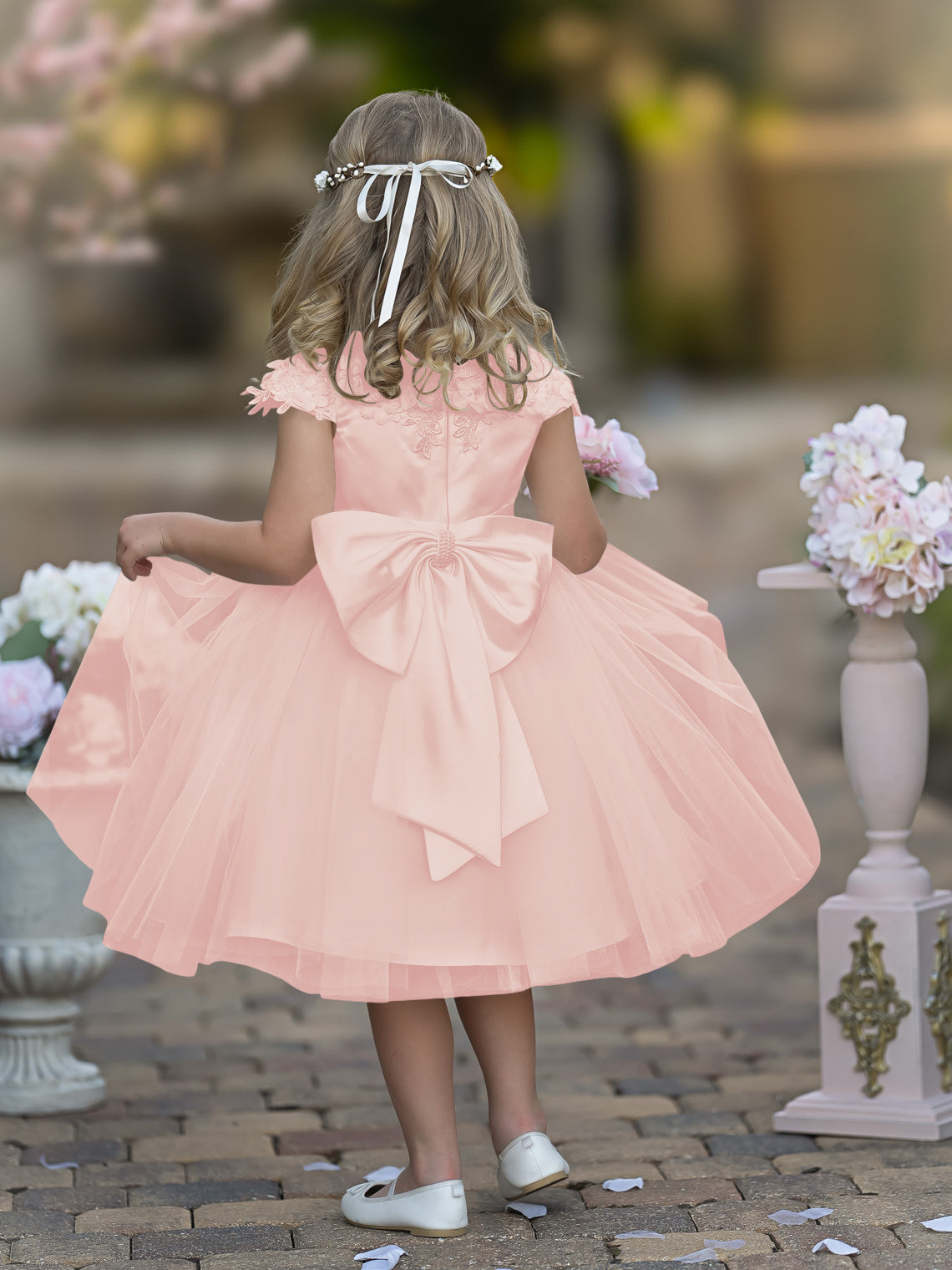 Vestido de niña de las flores de la Primera Comunión, color marfil, de tul satinado hasta la rodilla 