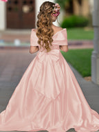 Robe de bal princesse élégante en satin ivoire avec traîne et nœud pour demoiselles d'honneur 