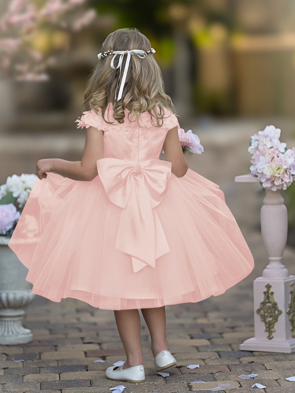 Vestido de niña de las flores de la Primera Comunión, color marfil, de tul satinado hasta la rodilla 