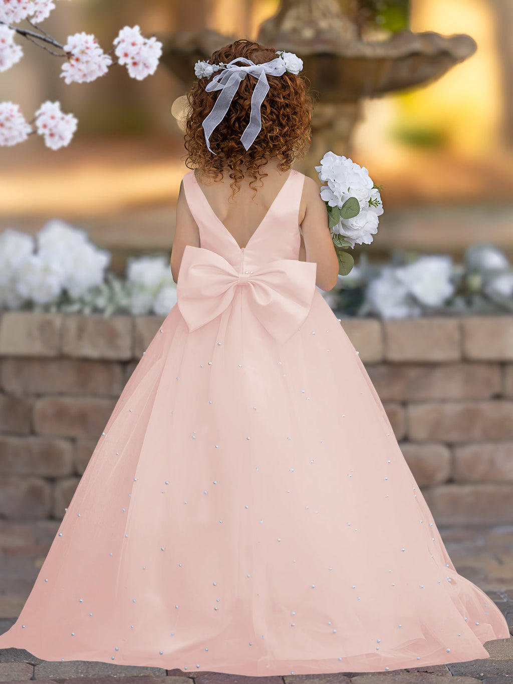 Elegante vestido de princesa de satén y tul para niña de las flores 