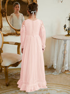 Vestido de Primera Comunión color marfil, corte en A, de gasa hasta el suelo 