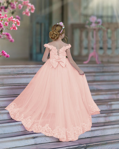 Vestido de gala/princesa rosa con cola de encaje para cumpleaños 