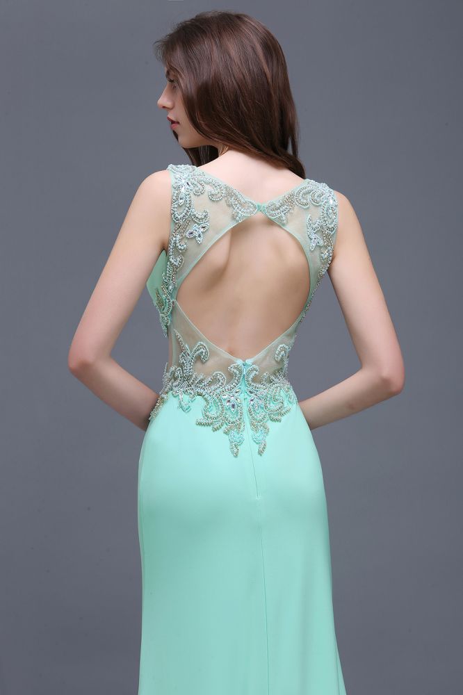 Vestidos de fiesta largos hasta el suelo color verde menta con tirantes y perlas
