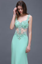 Vestidos de fiesta largos hasta el suelo color verde menta con tirantes y perlas