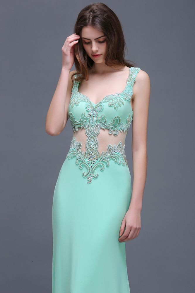 Vestidos de fiesta largos hasta el suelo color verde menta con tirantes y perlas