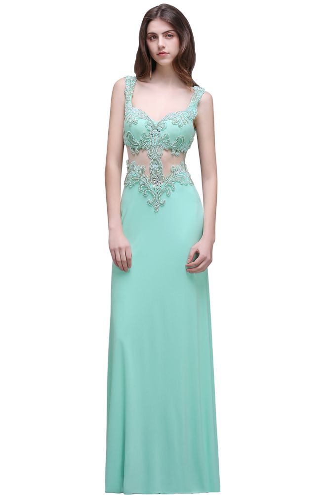 Vestidos de fiesta largos hasta el suelo color verde menta con tirantes y perlas