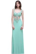 Vestidos de fiesta largos hasta el suelo color verde menta con tirantes y perlas