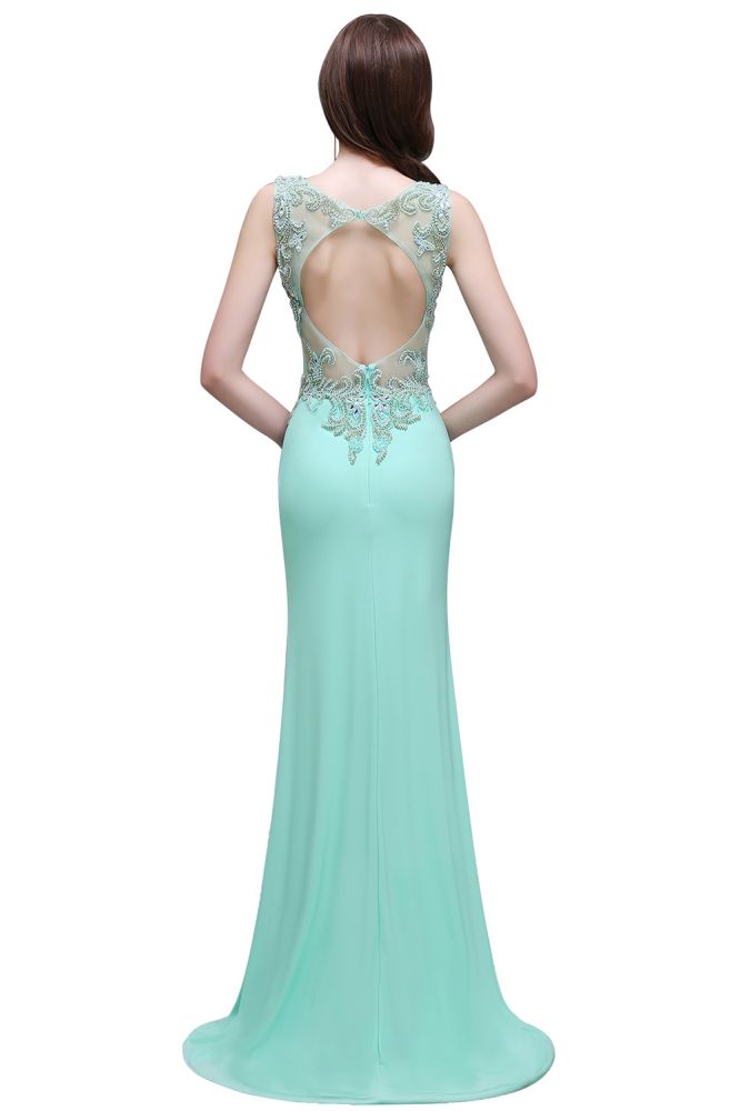 Vestidos de fiesta largos hasta el suelo color verde menta con tirantes y perlas