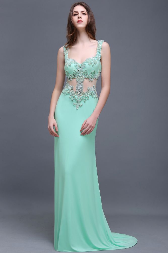 Vestidos de fiesta largos hasta el suelo color verde menta con tirantes y perlas