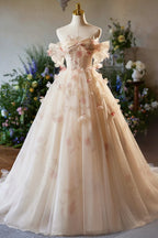 Phebian | Champagne Off the Shoulder Tulle Floral Floor Length Long Prom Dresses