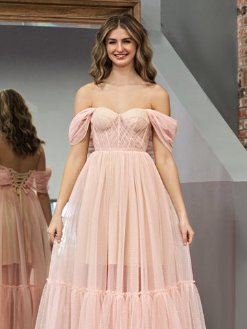 Vestido de graduación de corte A, rosa palo, tul, escote corazón, largo hasta la rodilla