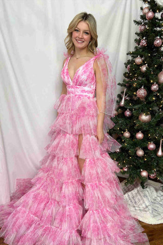 Kylee | Vestido largo de fiesta rojo con estampado floral, escote en V y tirantes con lazo