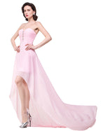 Vestidos de dama de honor de gasa rosa con escote corazón, corte en A y bajo asimétrico.